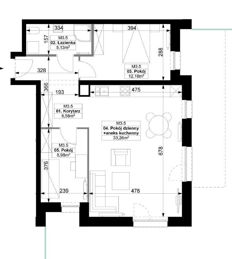 Rzut z góry mieszkania 68,13m2